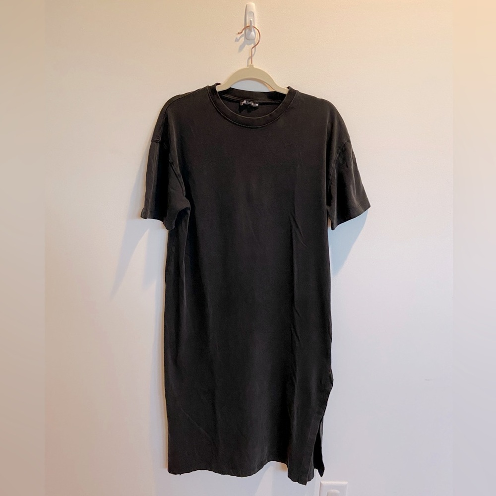 Zara 100% Cotton Midi T-Shirt Dress in Gray/Washed Black, Size Medium (M)